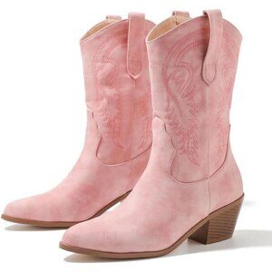 Lipijixi Women Pink Cowboy Stacked Heel Embroider Wide Calf Cowgirl Boots